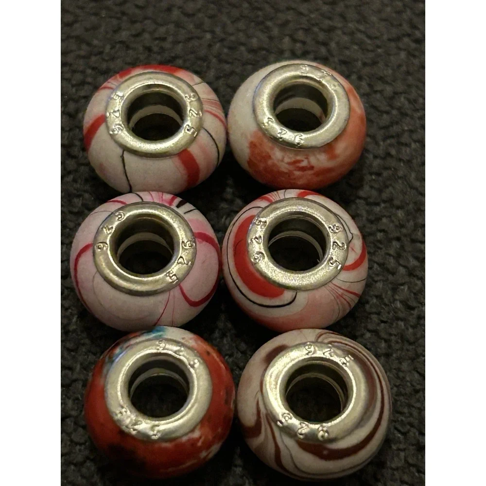 Lot of 6 Sterling Silver Core Bracelet Charm Beads Lampwork Glass Style 925 9